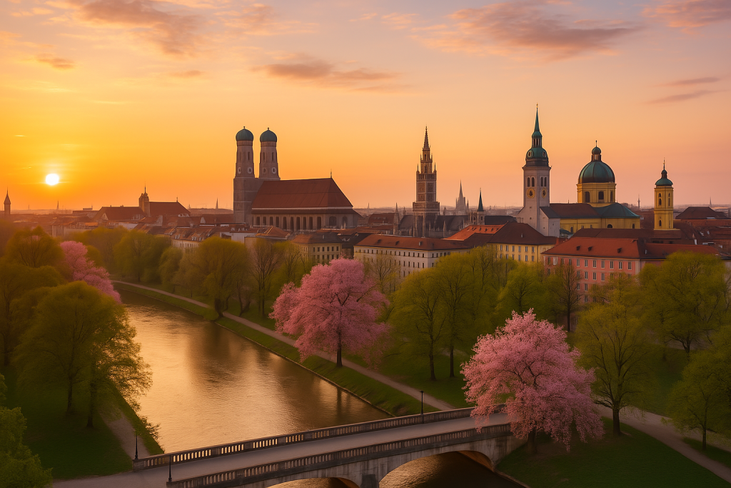 Zonsopkomst in München in de lente met bloeiende kersenbomen langs de Isar