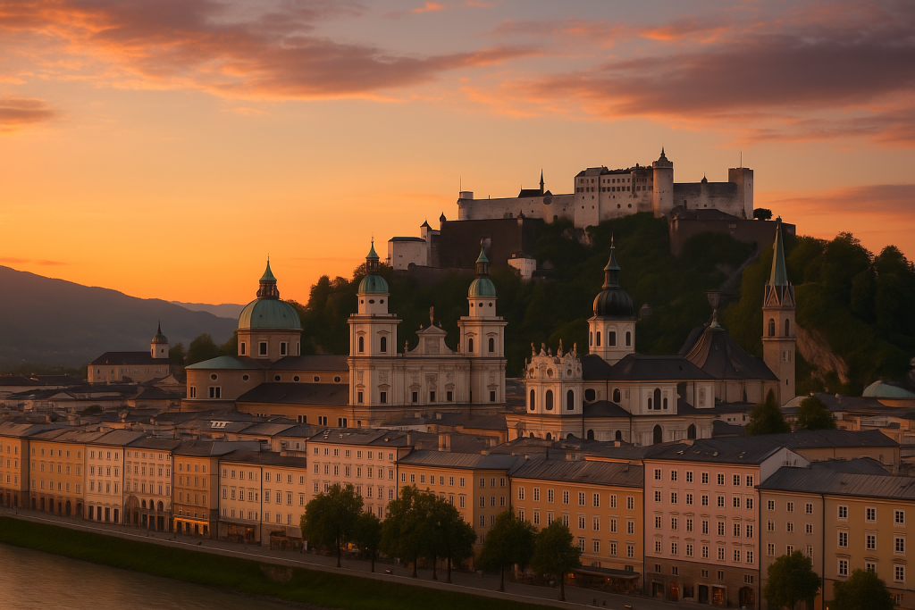 Uitzicht op de barokke binnenstad van Salzburg met de Hohensalzburg op de achtergrond