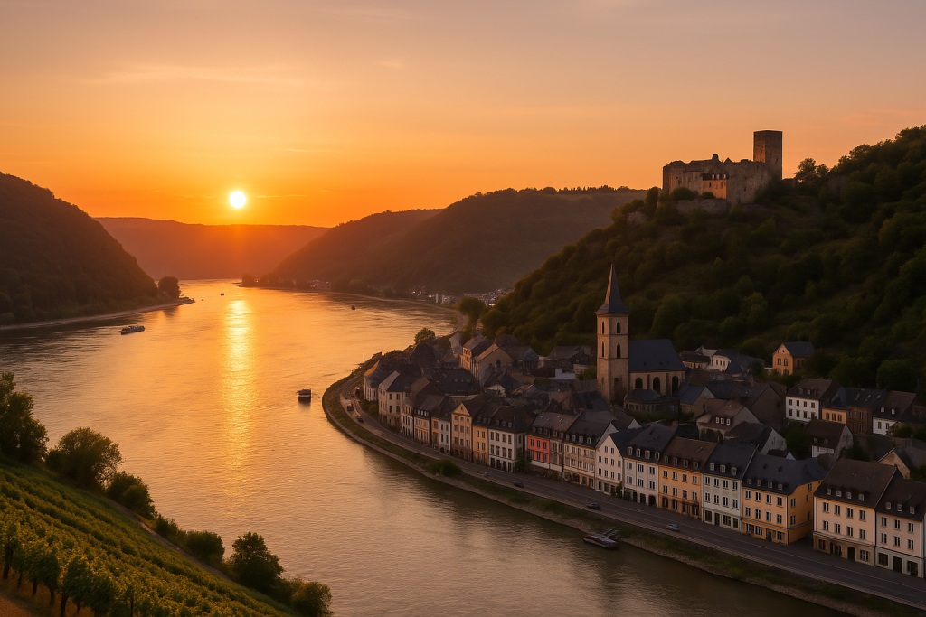 Uitzicht op St. Goar met de Rijn en Burg Rheinfels bij zonsondergang