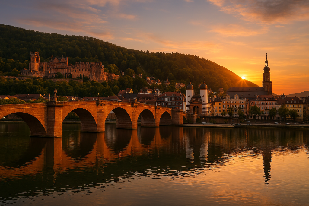 Uitzicht op het kasteel van Heidelberg boven de oude binnenstad en de rivier de Neckar tijdens een zonnige dag