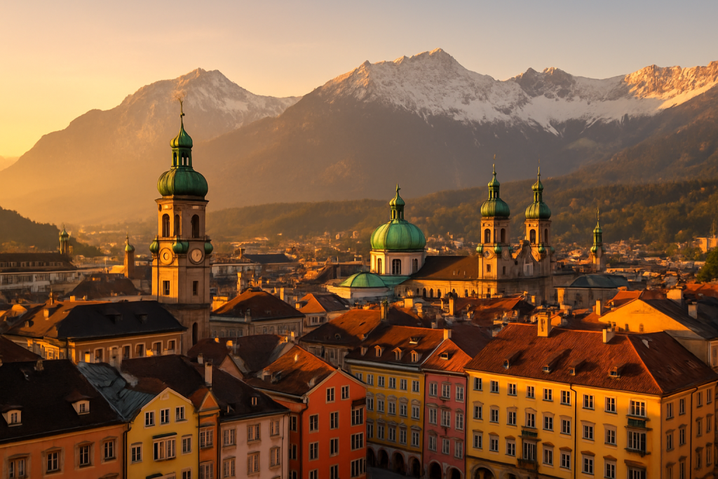 Uitzicht op het historische centrum van Innsbruck met de Alpen op de achtergrond.