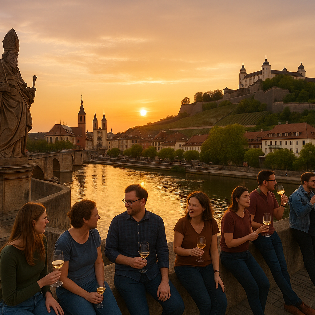 Zicht op de Alte Mainbrücke in Würzburg met mensen die wijn drinken bij zonsondergang